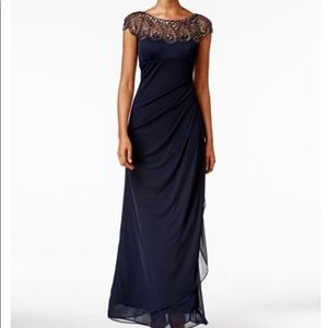 Navy blue beaded neck evening gown